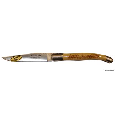 Laguiole Knife with fisherman carved. Olivewood handle.