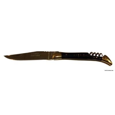 Laguiole knife - Black horn handle - Shiny Stainless stee blade - Brass bolster + CS