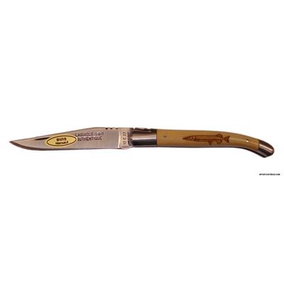 Laguiole Knife with pike fish carved. Olivewood handle.