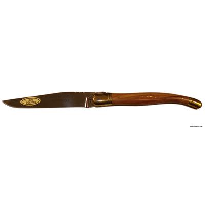 Laguiole knife shiny stainless steel blade, brass bolsters - Olivewood bolsters